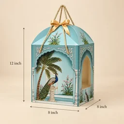Royal Turquoise Peacock Palace Print Hamper Box with Rope Handle – 8 x 12 x 8 Inch -