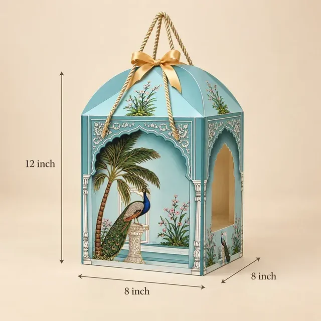 Royal Turquoise Peacock Palace Print Hamper Box with Rope Handle – 8 x 12 x 8 Inch -