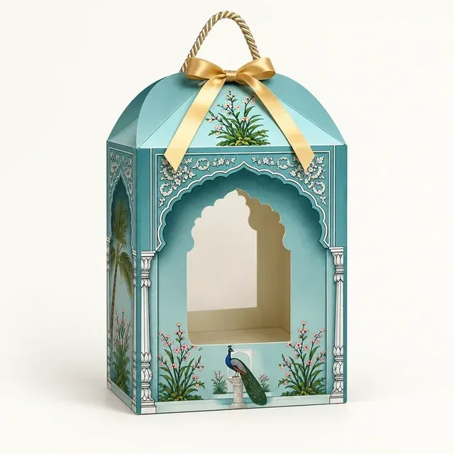 Royal Turquoise Peacock Palace Print Hamper Box with Rope Handle – 8 x 12 x 8 Inch -