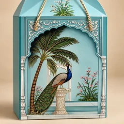 Royal Turquoise Peacock Palace Print Hamper Box with Rope Handle – 8 x 12 x 8 Inch -