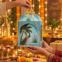 Royal Turquoise Peacock Palace Print Hamper Box with Rope Handle – 8 x 12 x 8 Inch -