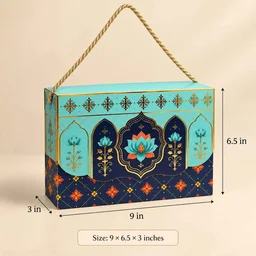 Turquoise Royal Lotus Mandala Print Flap Hamper Box - 9 x 6.5 x 3 Inch
