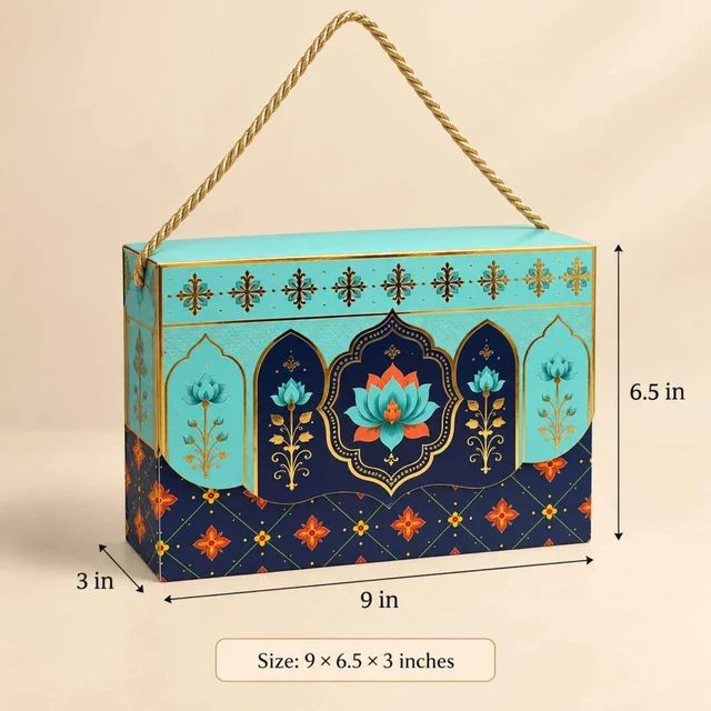 Turquoise Royal Lotus Mandala Print Flap Hamper Box - 9 x 6.5 x 3 Inch