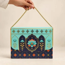 Turquoise Royal Lotus Mandala Print Flap Hamper Box - 9 x 6.5 x 3 Inch