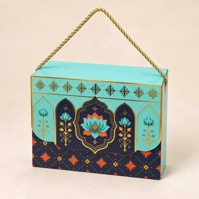 Turquoise Royal Lotus Mandala Print Flap Hamper Box - 9 x 6.5 x 3 Inch
