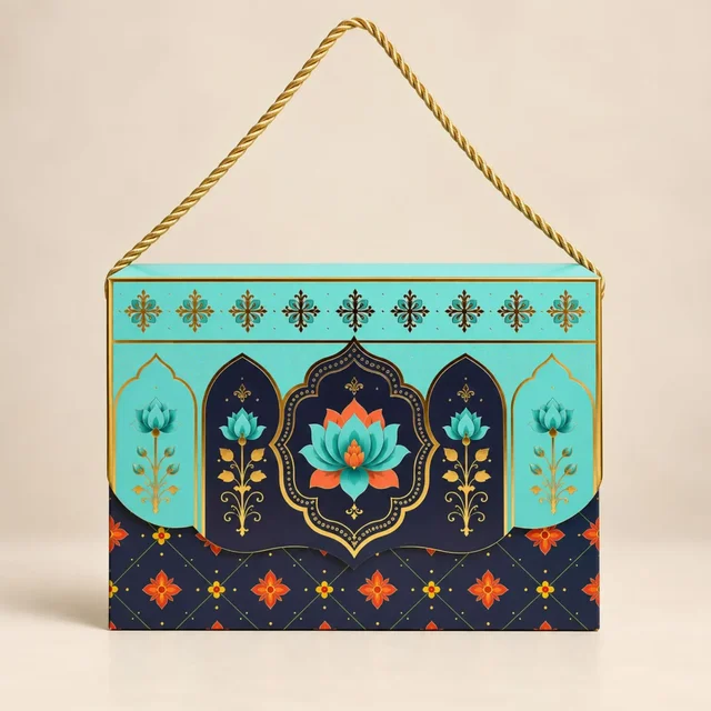 Turquoise Royal Lotus Mandala Print Flap Hamper Box - 9 x 6.5 x 3 Inch