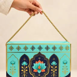 Turquoise Royal Lotus Mandala Print Flap Hamper Box - 9 x 6.5 x 3 Inch