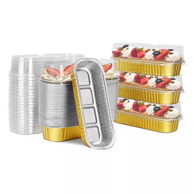 Rectangle Foil Limo Bake & Serve with Lid – Oven-Safe, Disposable Baking Tray with Dome Lid | The Baking Curv - Pack Of 10, Golden