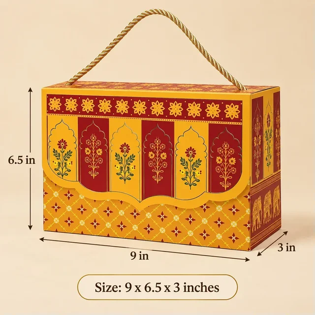 Royal Maroon & Mustard Floral Arch Print Flap Hamper Box - 9 x 6.5 x 3 Inch