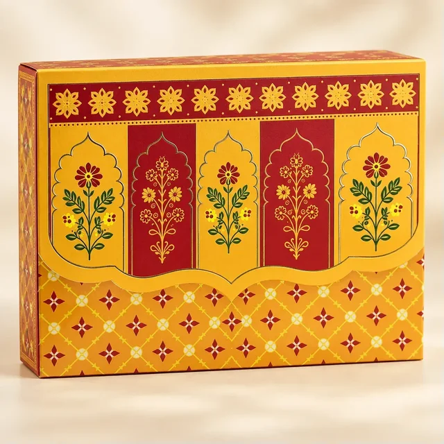 Royal Maroon & Mustard Floral Arch Print Flap Hamper Box - 9 x 6.5 x 3 Inch