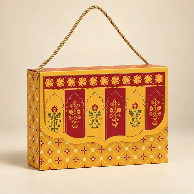 Royal Maroon & Mustard Floral Arch Print Flap Hamper Box - 9 x 6.5 x 3 Inch