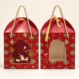 Royal Red Mughal Floral Cow Print Hamper Box with Rope Handle – 8 x 12 x 8 Inch