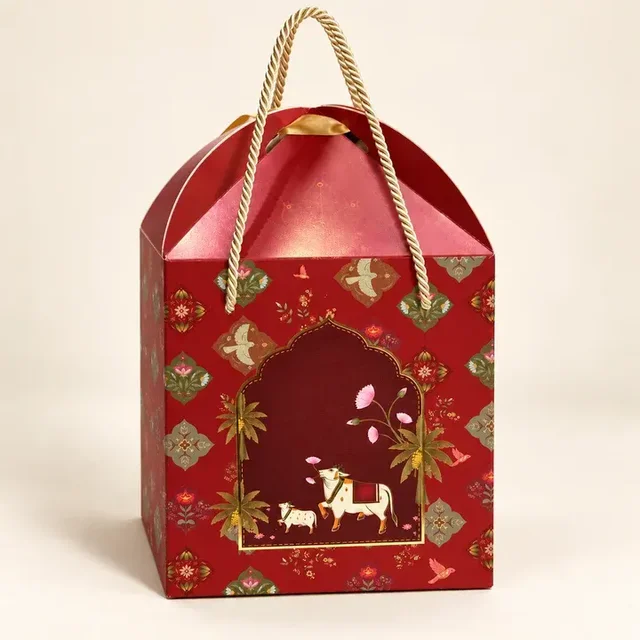Royal Red Mughal Floral Cow Print Hamper Box with Rope Handle – 8 x 12 x 8 Inch