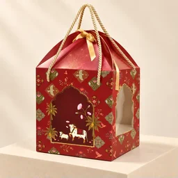 Royal Red Mughal Floral Cow Print Hamper Box with Rope Handle – 8 x 12 x 8 Inch