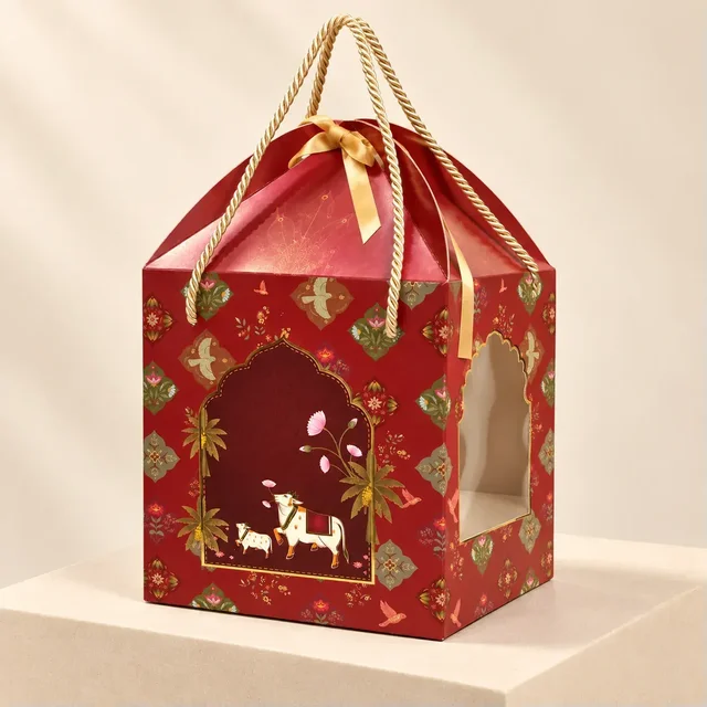Royal Red Mughal Floral Cow Print Hamper Box with Rope Handle – 8 x 12 x 8 Inch