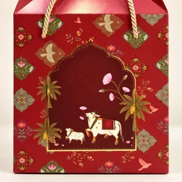 Royal Red Mughal Floral Cow Print Hamper Box with Rope Handle – 8 x 12 x 8 Inch
