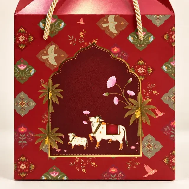 Royal Red Mughal Floral Cow Print Hamper Box with Rope Handle – 8 x 12 x 8 Inch