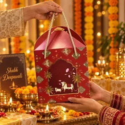 Royal Red Mughal Floral Cow Print Hamper Box with Rope Handle – 8 x 12 x 8 Inch
