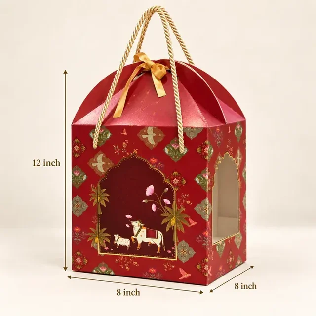 Royal Red Mughal Floral Cow Print Hamper Box with Rope Handle – 8 x 12 x 8 Inch