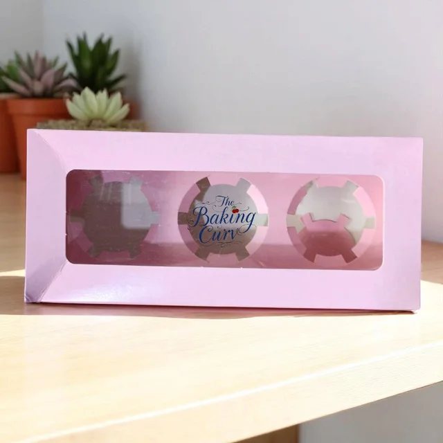 The Baking Curv 3 Cavity Cup Cake Box - Pink, Pack Of 50