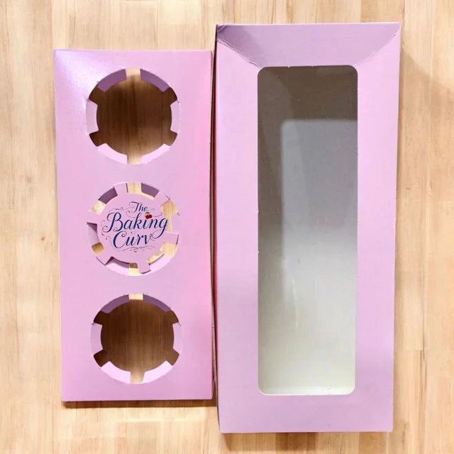 The Baking Curv 3 Cavity Cup Cake Box - Pink, Pack Of 50