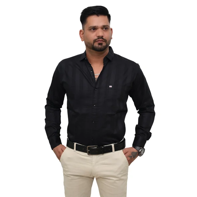 Look Me Apparel Men Black Self-Striped Shirt | Smart Fit | Full Sleeve | Formal & Casual | Premium Cotton Blend - M, Black