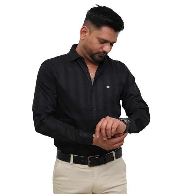 Look Me Apparel Men Black Self-Striped Shirt | Smart Fit | Full Sleeve | Formal & Casual | Premium Cotton Blend - M, Black