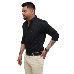 Look Me Apparel Men Black Self-Striped Shirt | Smart Fit | Full Sleeve | Formal & Casual | Premium Cotton Blend - M, Black