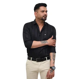Look Me Apparel Men Black Self-Striped Shirt | Smart Fit | Full Sleeve | Formal & Casual | Premium Cotton Blend - M, Black