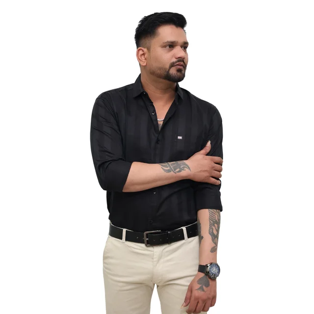 Look Me Apparel Men Black Self-Striped Shirt | Smart Fit | Full Sleeve | Formal & Casual | Premium Cotton Blend - M, Black