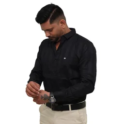 Look Me Apparel Men Black Self-Striped Shirt | Smart Fit | Full Sleeve | Formal & Casual | Premium Cotton Blend - M, Black