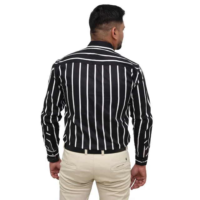 Look Me Apparel Men Black & White Striped Formal Shirt | Full Sleeve | Slim Fit | Office Wear | Cotton Blend - M, Black