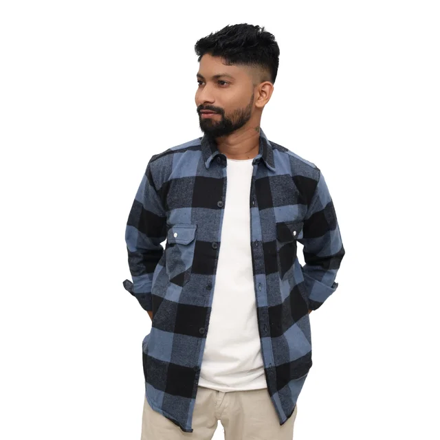 Look Me Apparel Men Blue & Black Checked Shirt | Full Sleeve | Casual Fit | Brushed Cotton Flannel - L, Blue::Black