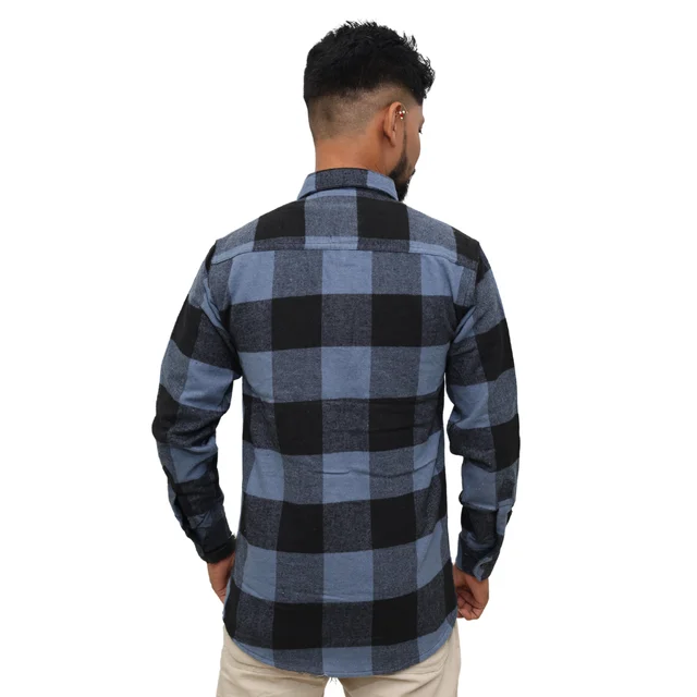 Look Me Apparel Men Blue & Black Checked Shirt | Full Sleeve | Casual Fit | Brushed Cotton Flannel - L, Blue::Black