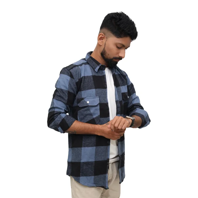 Look Me Apparel Men Blue & Black Checked Shirt | Full Sleeve | Casual Fit | Brushed Cotton Flannel - L, Blue::Black