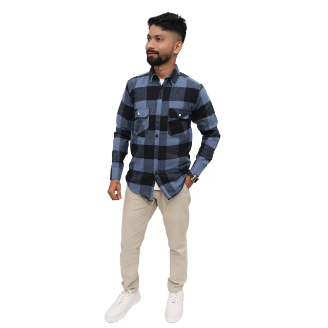 Look Me Apparel Men Blue & Black Checked Shirt | Full Sleeve | Casual Fit | Brushed Cotton Flannel - L, Blue::Black