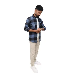Look Me Apparel Men Blue & Black Checked Shirt | Full Sleeve | Casual Fit | Brushed Cotton Flannel - L, Blue::Black