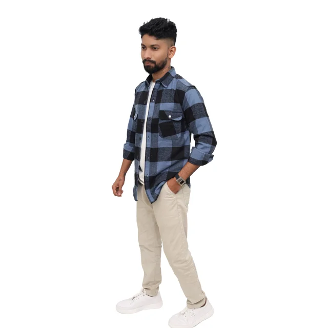 Look Me Apparel Men Blue & Black Checked Shirt | Full Sleeve | Casual Fit | Brushed Cotton Flannel - L, Blue::Black