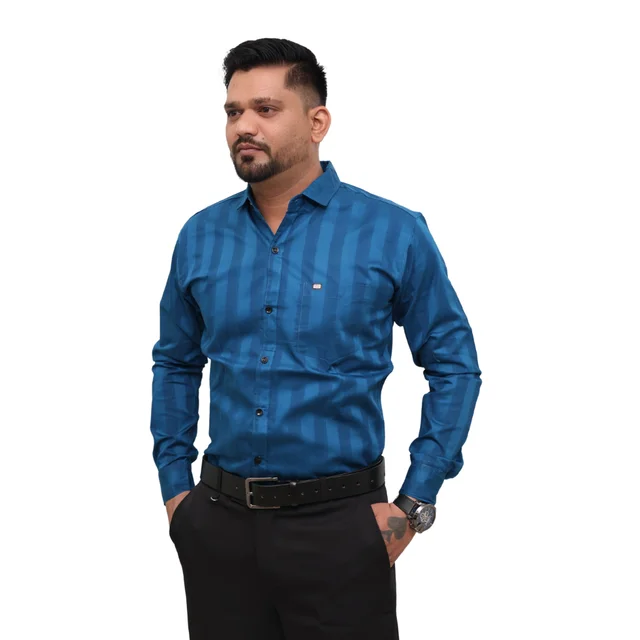 Look Me Apparel Men Blue Self-Striped Shirt | Premium Cotton Blend | Full Sleeve | Smart Fit | Office & Party Wear - XL, Blue