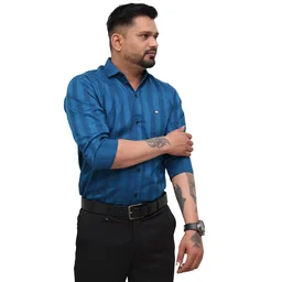 Look Me Apparel Men Blue Self-Striped Shirt | Premium Cotton Blend | Full Sleeve | Smart Fit | Office & Party Wear - XL, Blue
