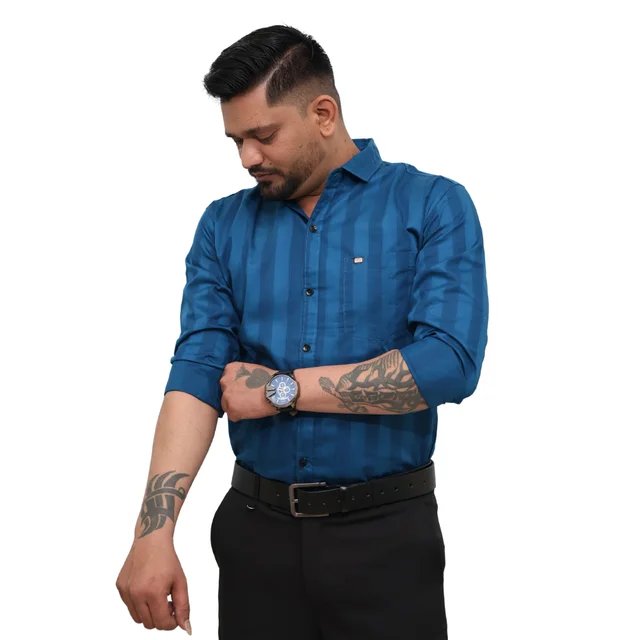 Look Me Apparel Men Blue Self-Striped Shirt | Premium Cotton Blend | Full Sleeve | Smart Fit | Office & Party Wear - XL, Blue