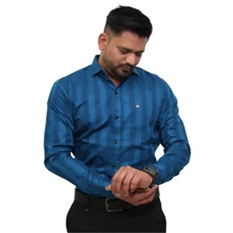 Look Me Apparel Men Blue Self-Striped Shirt | Premium Cotton Blend | Full Sleeve | Smart Fit | Office & Party Wear - XL, Blue