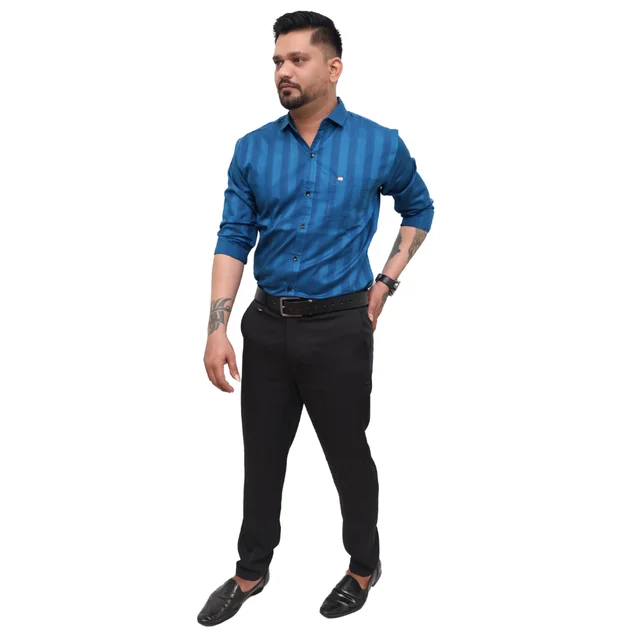Look Me Apparel Men Blue Self-Striped Shirt | Premium Cotton Blend | Full Sleeve | Smart Fit | Office & Party Wear - XL, Blue