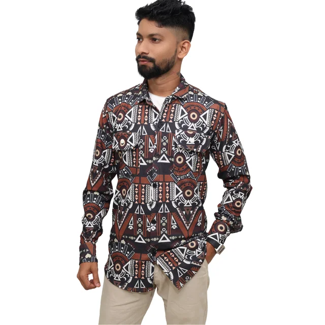 Look Me Apparel Men Brown Tribal Printed Shirt | Full Sleeve | Two Chest Pockets | Casual Fit | Cotton Blend - M, Multicolor