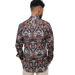 Look Me Apparel Men Brown Tribal Printed Shirt | Full Sleeve | Two Chest Pockets | Casual Fit | Cotton Blend - M, Multicolor