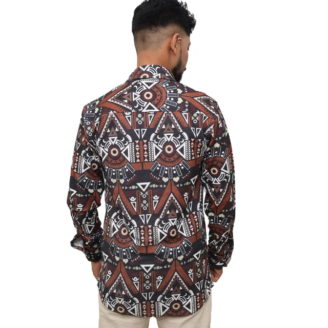 Look Me Apparel Men Brown Tribal Printed Shirt | Full Sleeve | Two Chest Pockets | Casual Fit | Cotton Blend - M, Multicolor