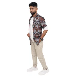 Look Me Apparel Men Brown Tribal Printed Shirt | Full Sleeve | Two Chest Pockets | Casual Fit | Cotton Blend - M, Multicolor