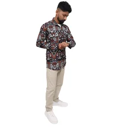Look Me Apparel Men Brown Tribal Printed Shirt | Full Sleeve | Two Chest Pockets | Casual Fit | Cotton Blend - M, Multicolor
