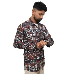 Look Me Apparel Men Brown Tribal Printed Shirt | Full Sleeve | Two Chest Pockets | Casual Fit | Cotton Blend - M, Multicolor
