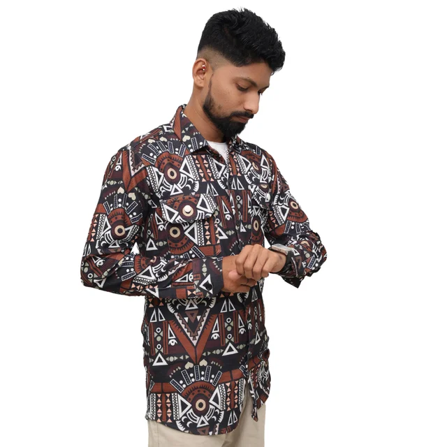 Look Me Apparel Men Brown Tribal Printed Shirt | Full Sleeve | Two Chest Pockets | Casual Fit | Cotton Blend - M, Multicolor
